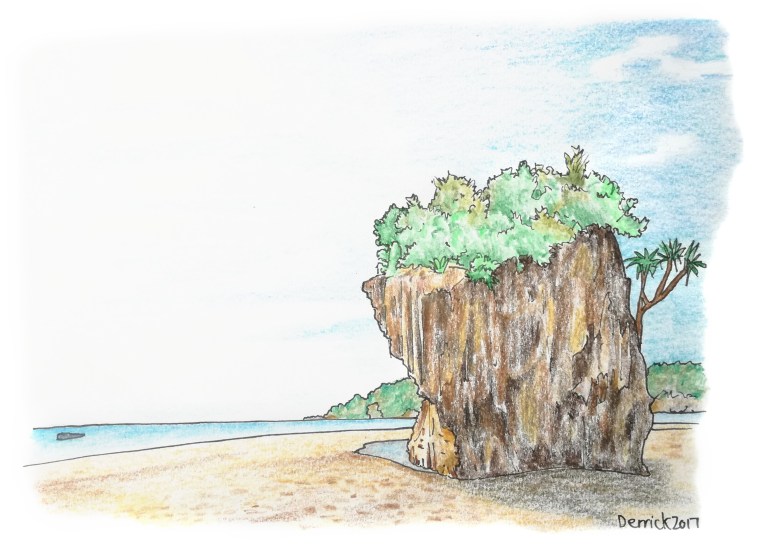 Sketch of a stone pillar on the beach in Borneo