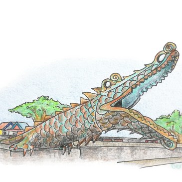 Sketch of a bronze crocodile shaped cannon in Borneo