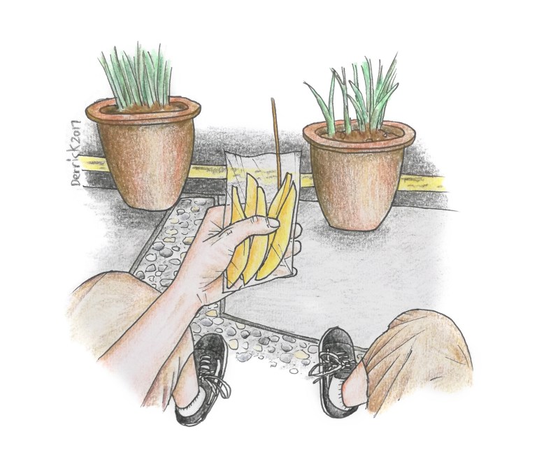 Drawing of a hand holding a sliced mango snack in KL