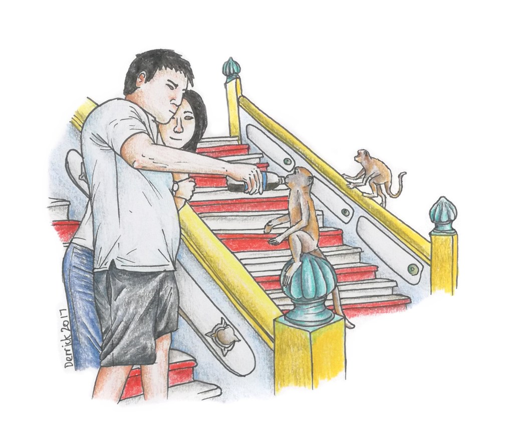 Drawing of a man feeding Pepsi to a macaque at batu caves