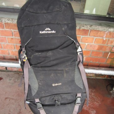A large backpackers backpack dirty travel Nepal kathmandu
