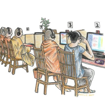 Drawing of a group of monks using the internet in Phnom Penh