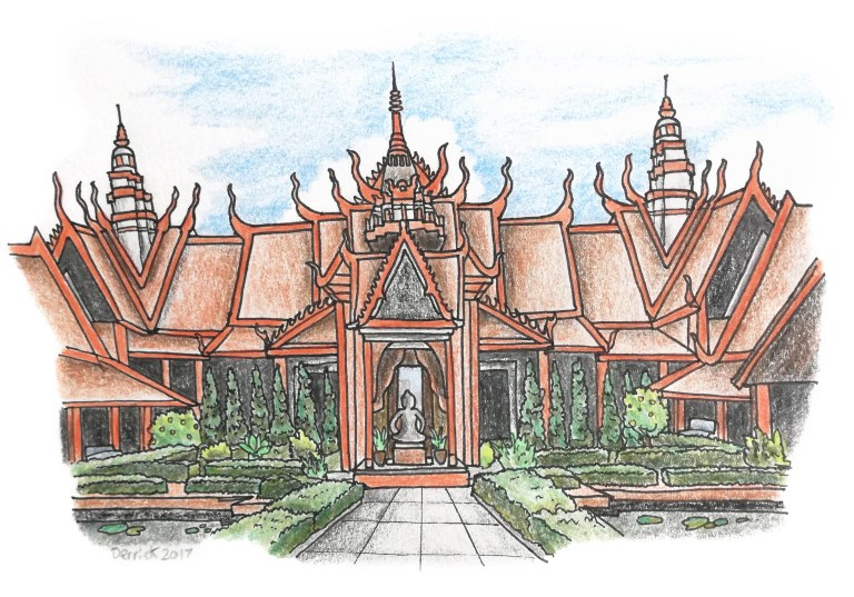 Sketch of phnom penh museum with red paint