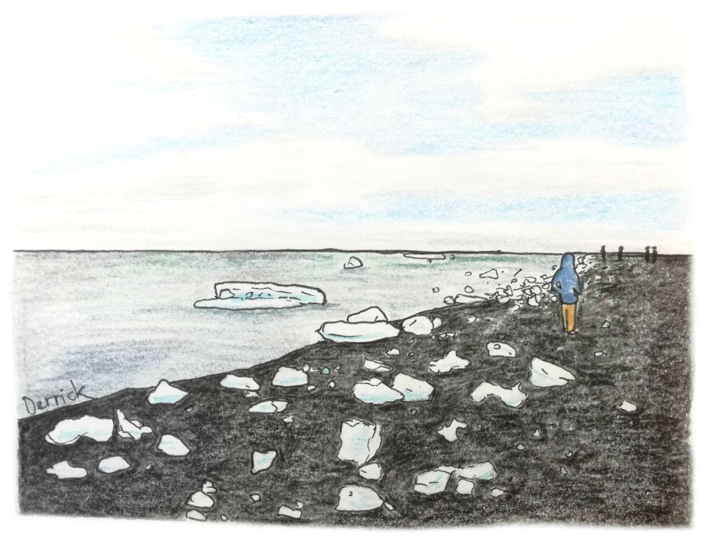 Sketch of ice blocks washing up on a black sand beach in Iceland