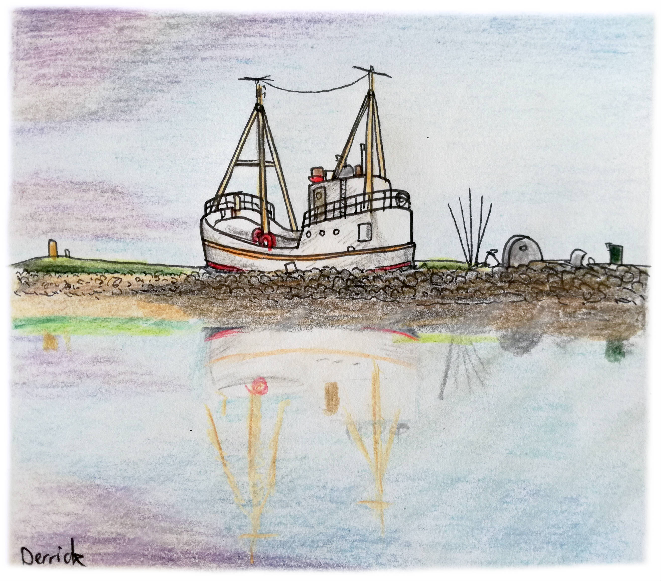 Sketch of a Höfn fishing boat with a purple sunset