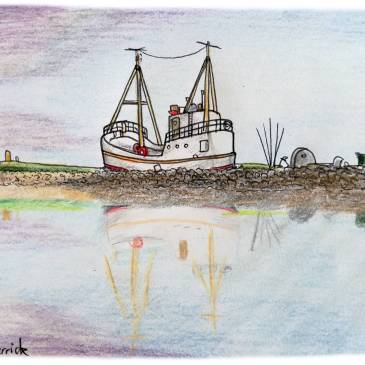 Sketch of a Höfn fishing boat with a purple sunset