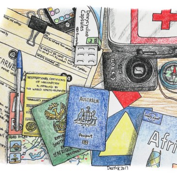 A drawing of travel documentation and equipment on a table