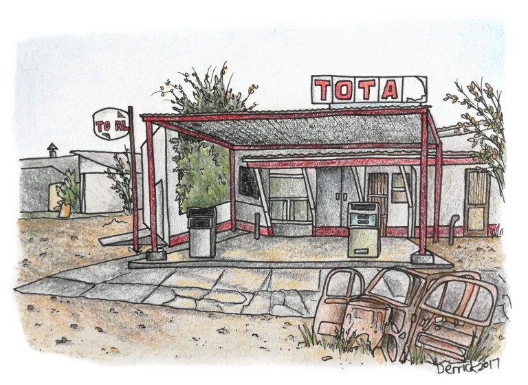 Drawing of a broken down gas station in africa