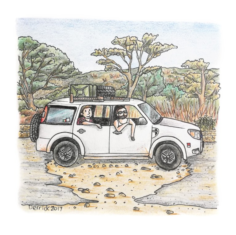 Sketch of a car stuck in a massive pothole in zambia