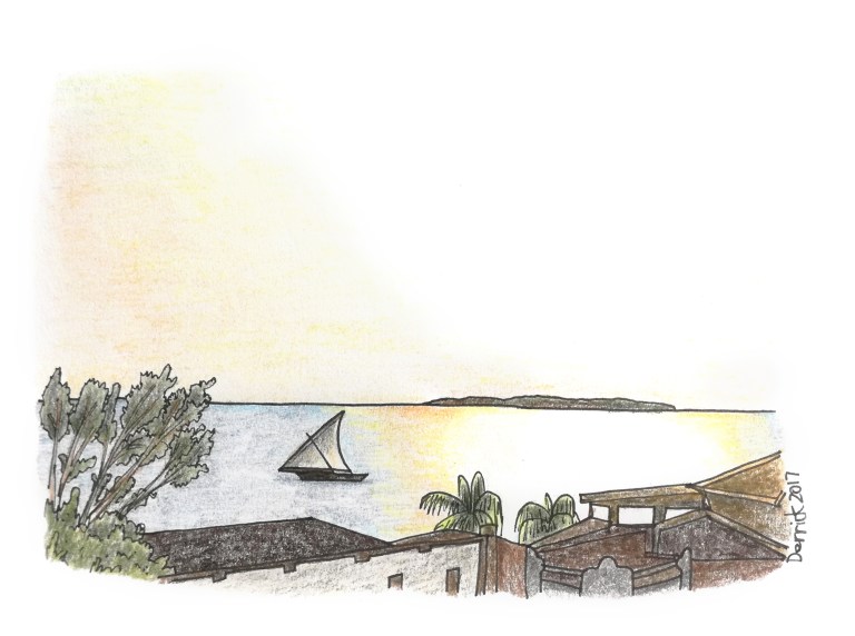 Drawing of a sunset in zanzibar with a traditional dhow fishing boat