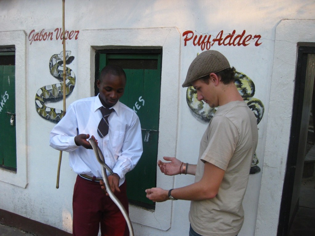 A snake park employee shows a snake to a visitor