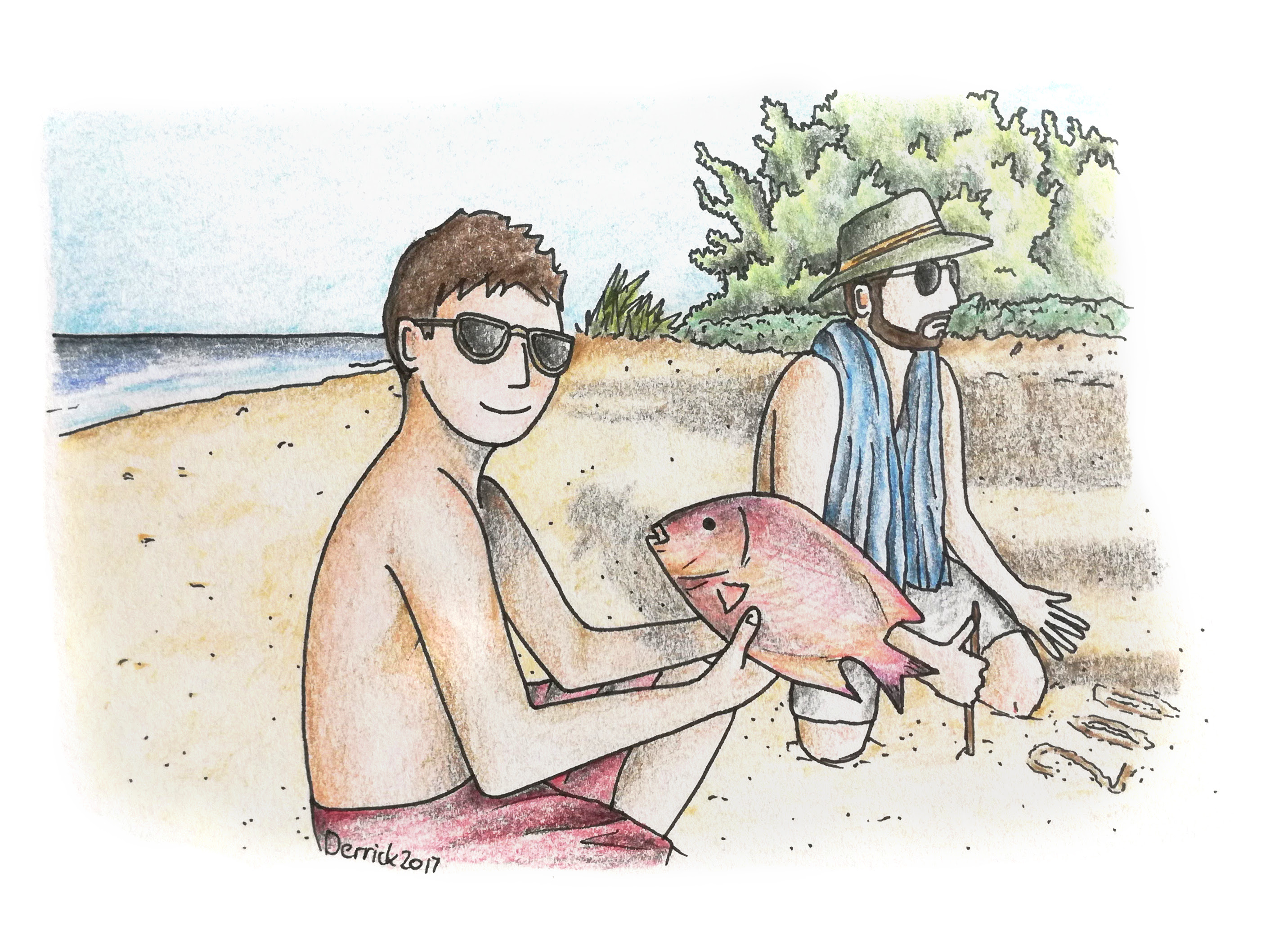 Drawing of a man buying a red fish from a fisherman on inhassoro beach