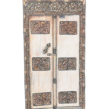 Sketch of a beautifully carved Zanzibar door