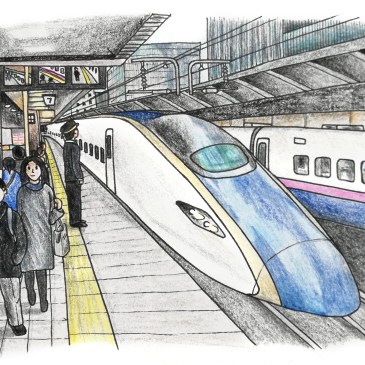 Sketch of a Japanese Shinkansen at a train platform