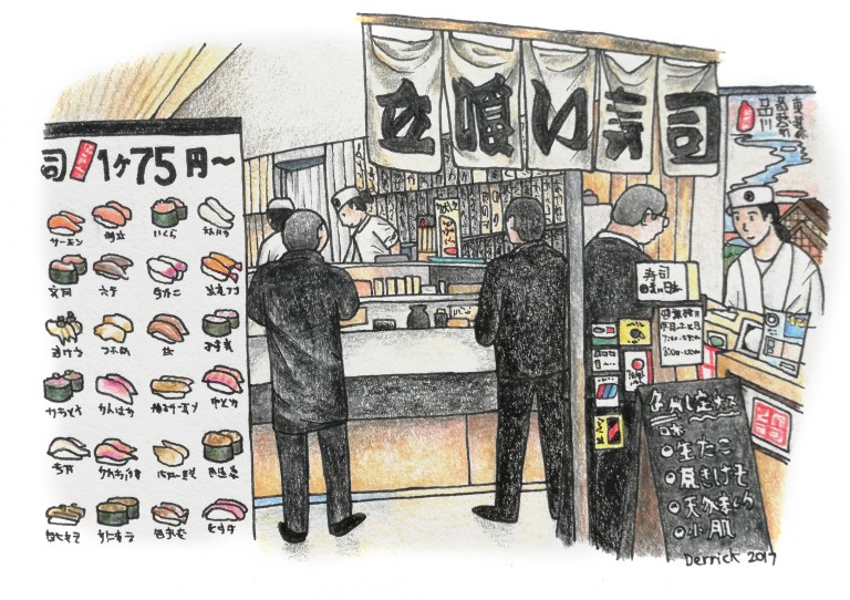 Sketch of Japanese diners eating stand up sushi