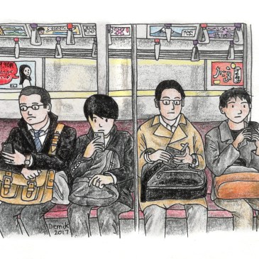 Sketch of Japanese commuters riding the subway