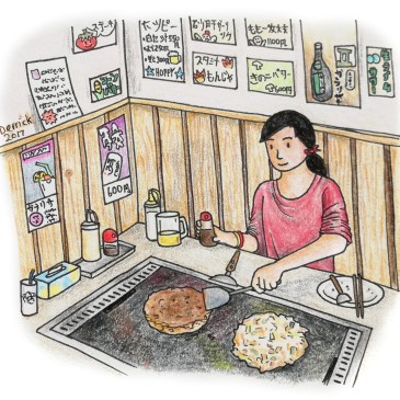Sketch of a girl preparing okonomiyaki