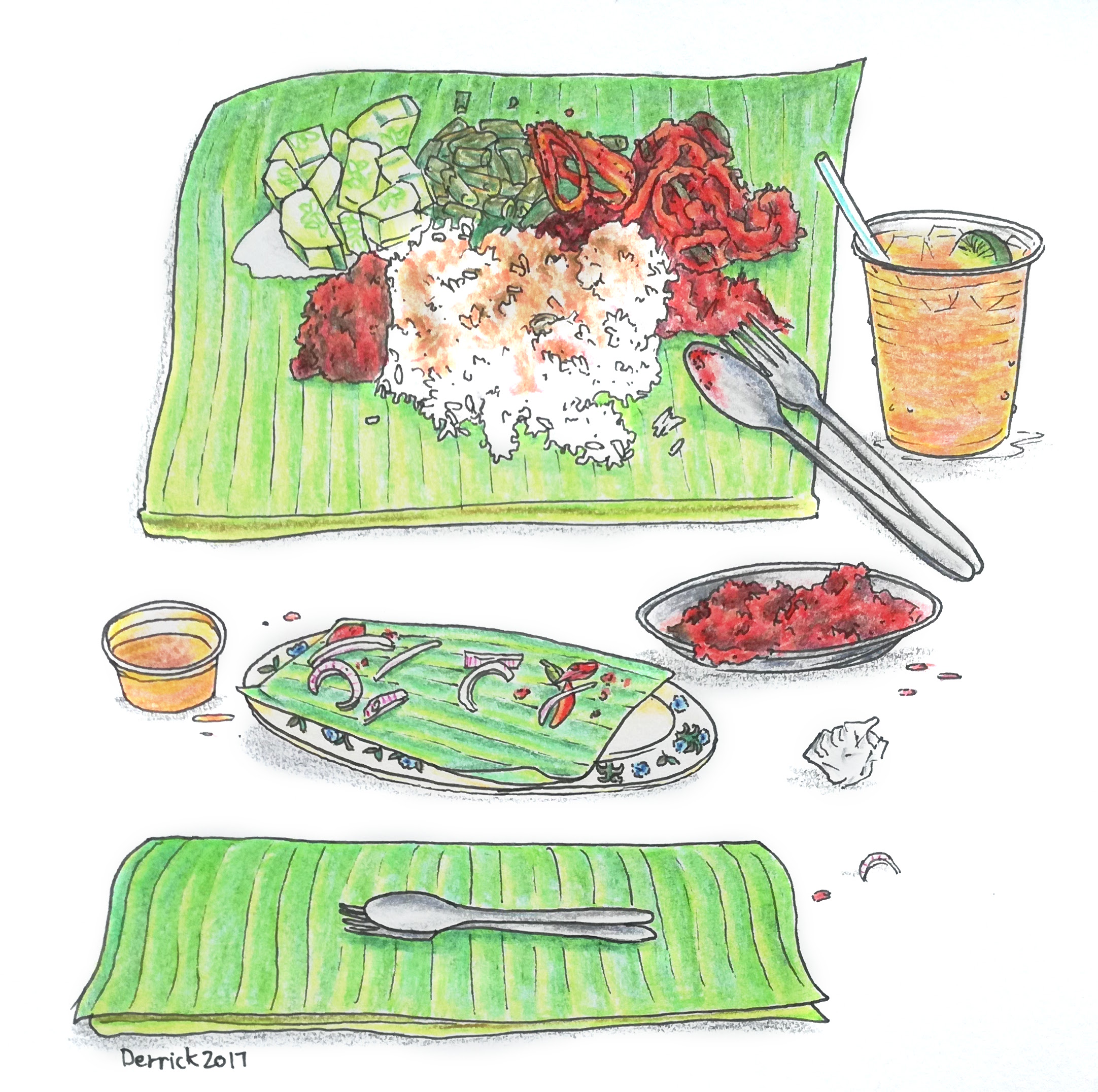 Drawing of Malaysian curry served on a banana leaf