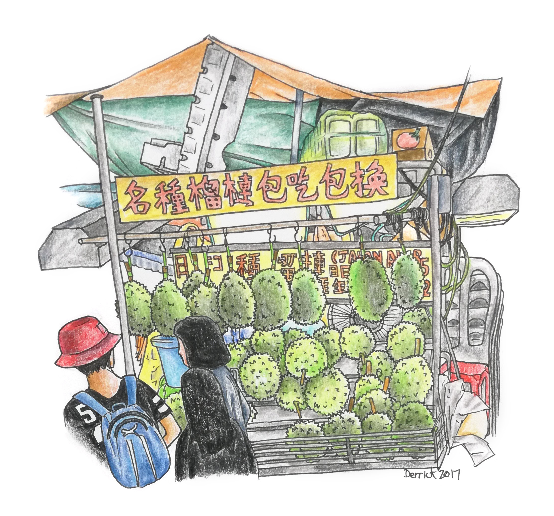 Sketch of a malaysian durian street market stand