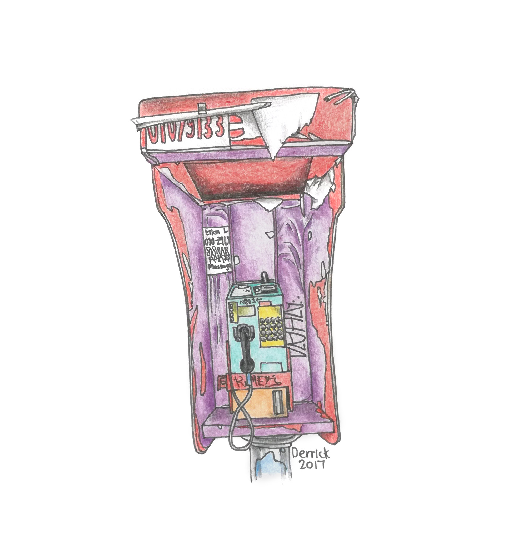Sketch of a colorful kuala lumpur public phone
