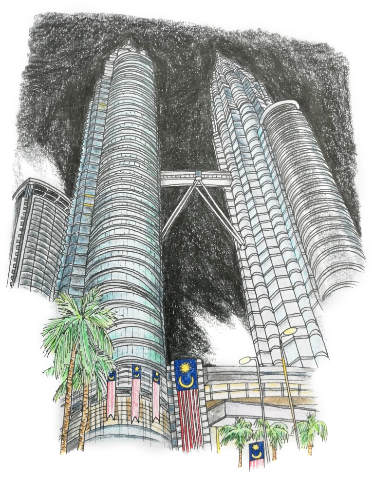 Drawing of the petronas towers with a night sky