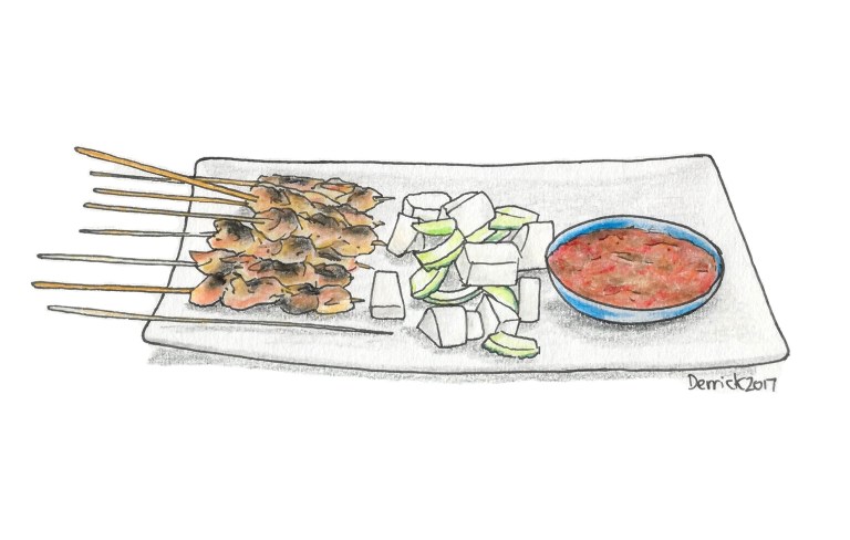 Sketch of skewers of Satay chicken and sauce