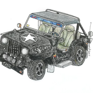 Sketch of a black jeep with a white military star