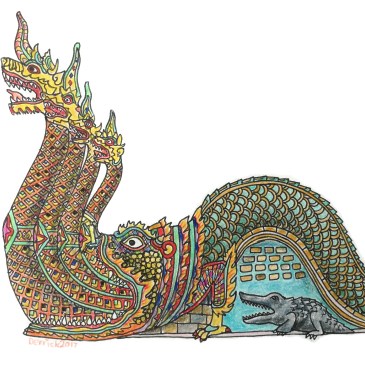 Sketch of a statue in Thailand of a colourful dragon