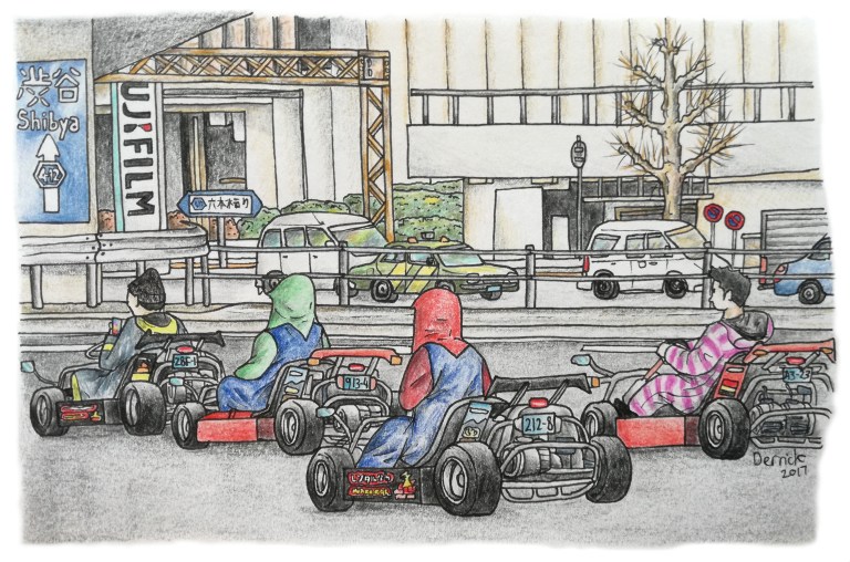 Sketch of tokyo highway with mario kart racers