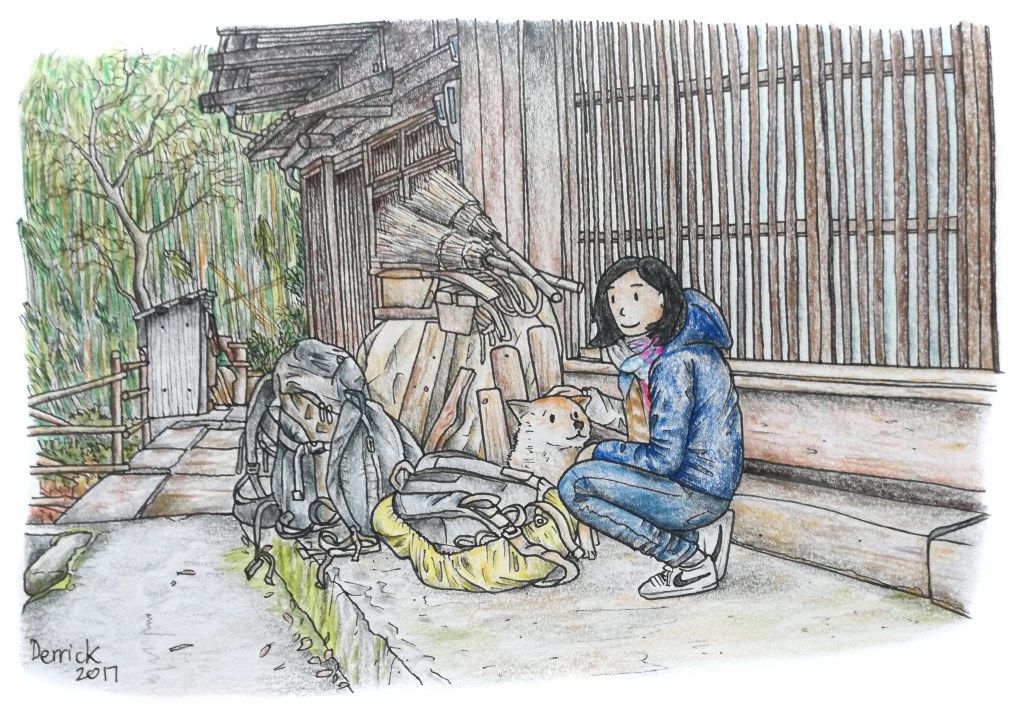 Sketch of a girl and a dog in a traditional Japanese village