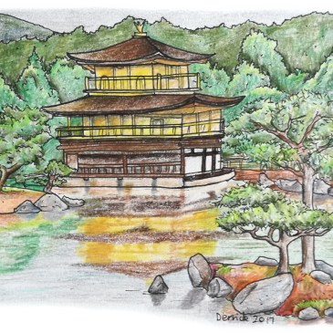 Sketch of Kinkaku-ji reflecting in the still water of a lake