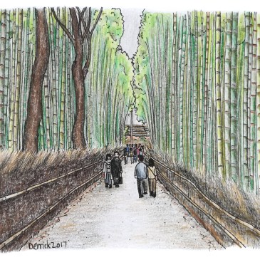 Drawing of the green bamboo forest at Arashiyama