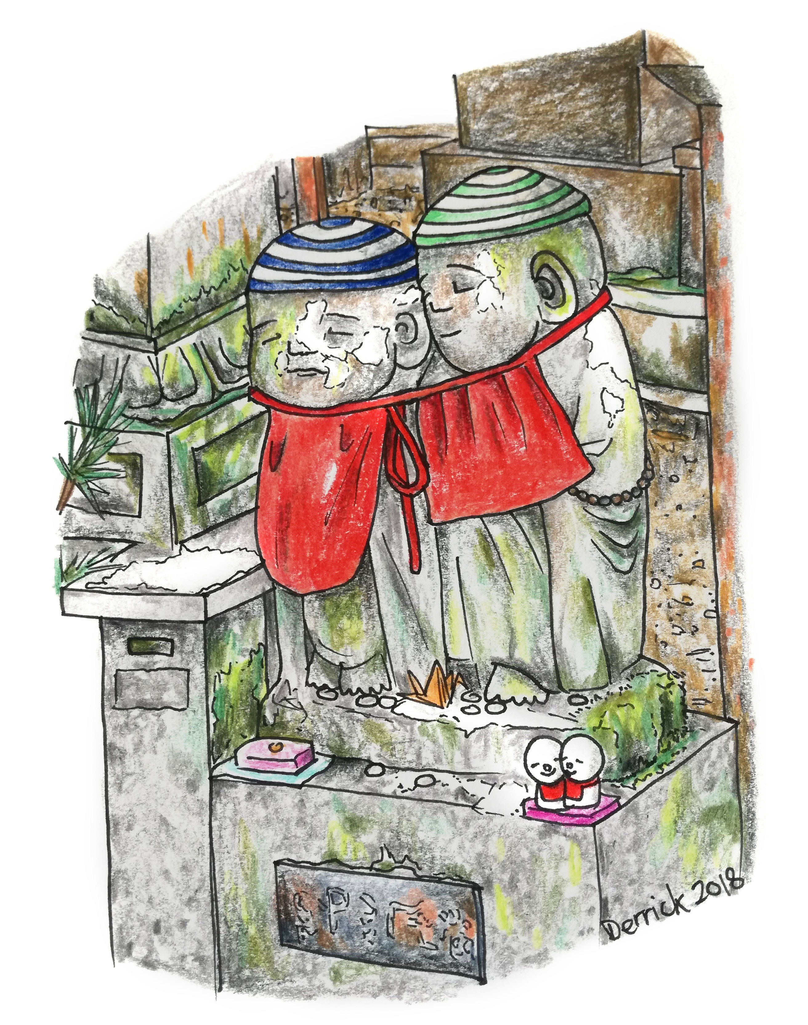 Sketch of small stone statuettes in Koyasan