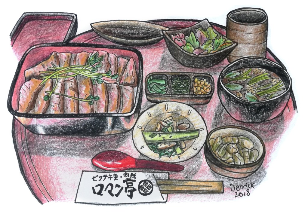 Sketch of a Japanese beef lunch set with soup and rice
