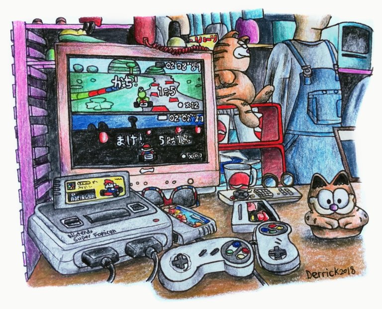 Drawing of a super Nintendo on a table with Garfield toys