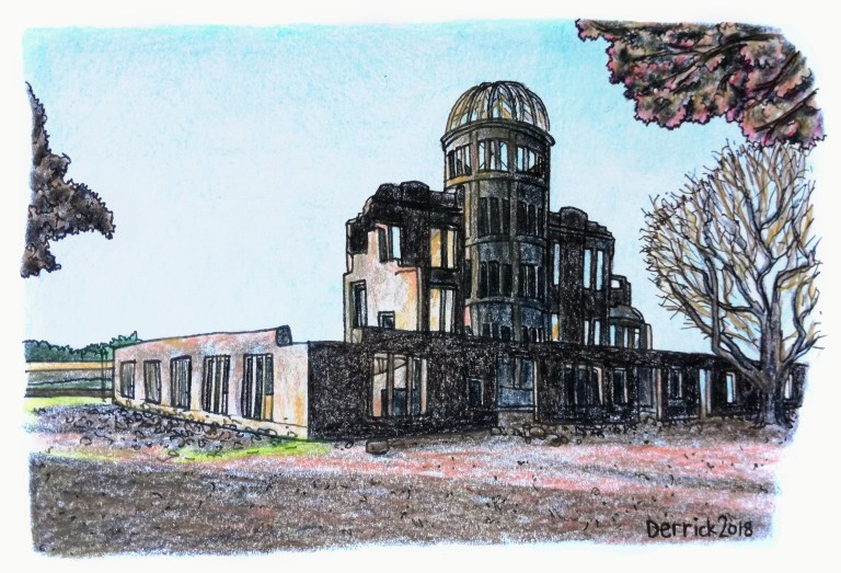 Drawing of the destroyed a-bomb dome in Hiroshima