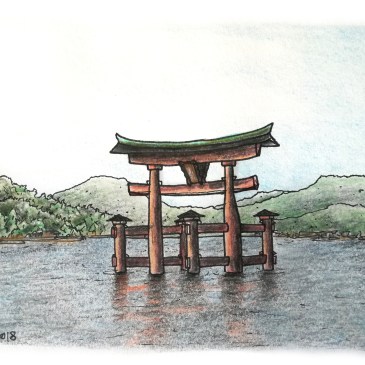 Sketch of an ancient Japanese torii gate standing in the bay
