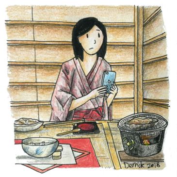 Sketch of a girl dressed in a yukata eating abalone
