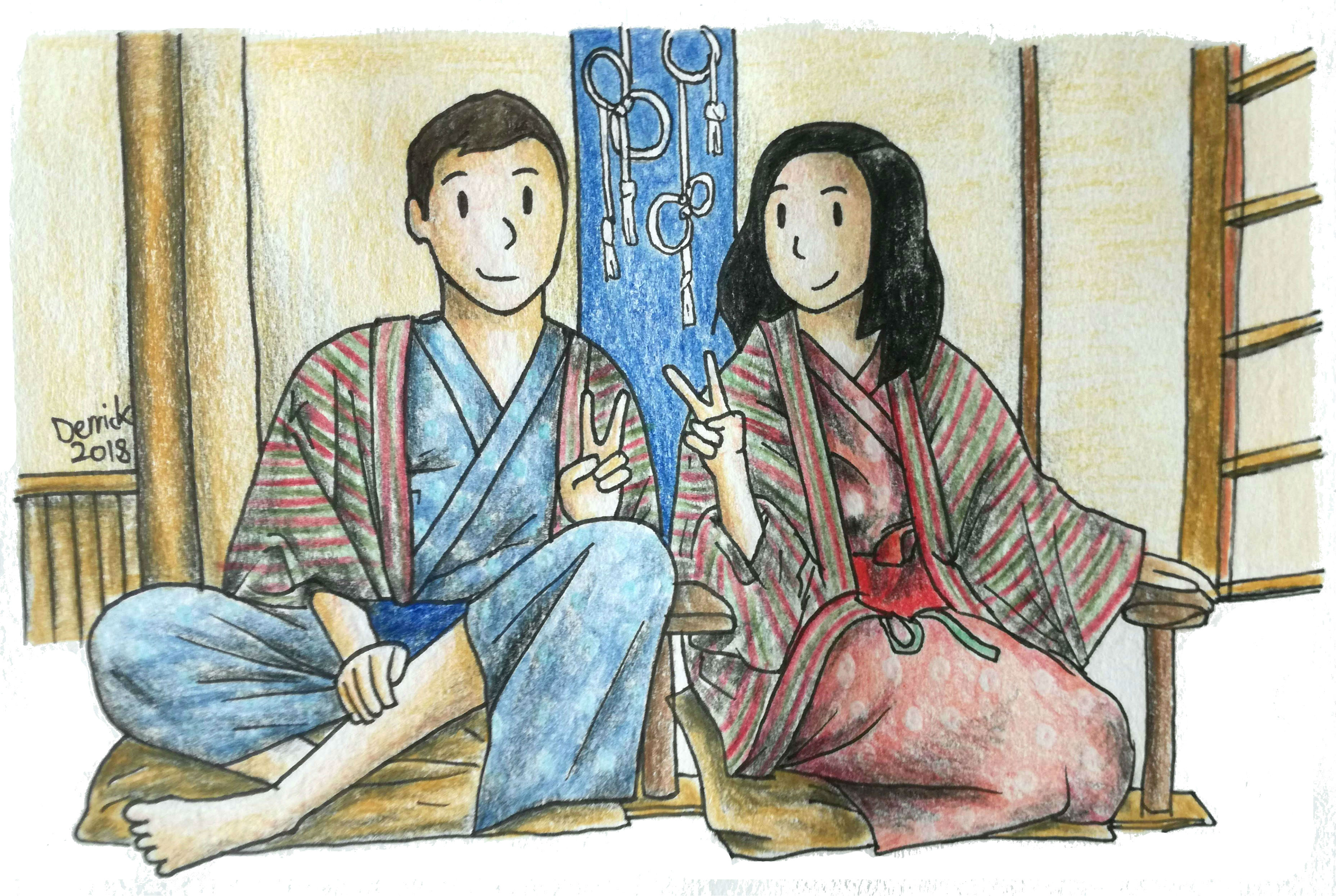 Illustration of people posing in a ryokan room