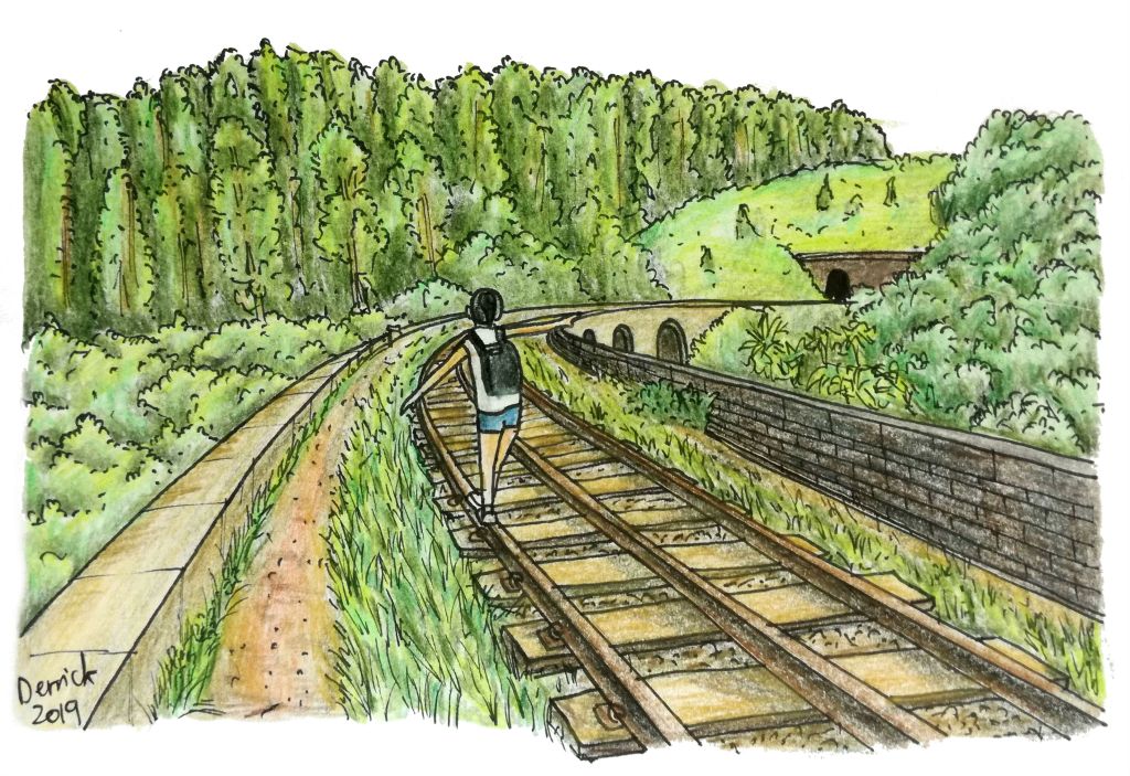 Sketch of a disused railway track with forests