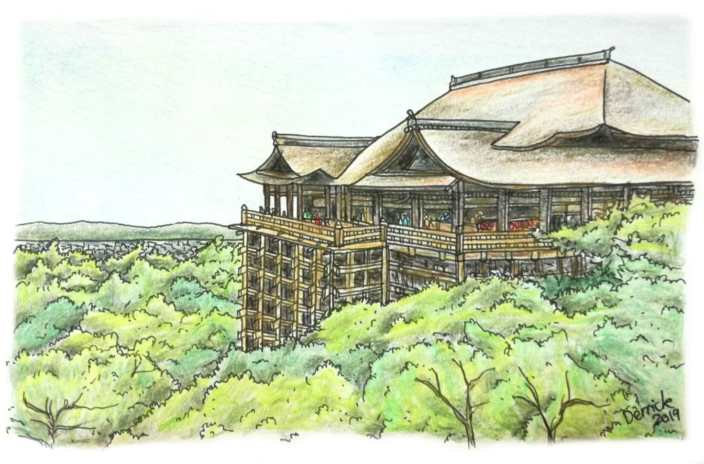 sketch of kiyomizu dera temple in kyoto