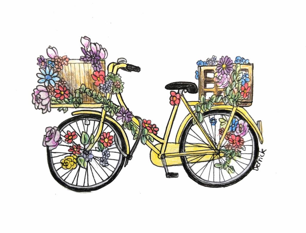 Sketch of a colorful Dutch bike with flowers and leaves