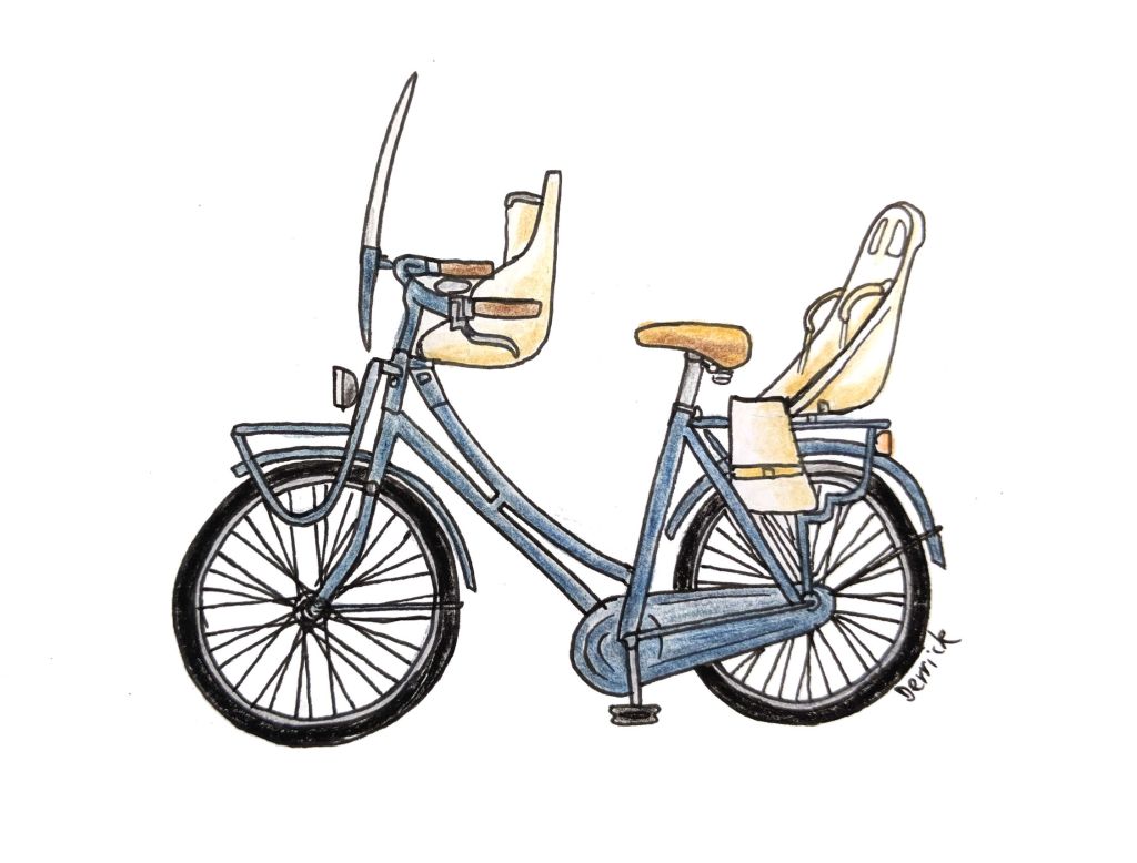 Drawing of a dutch bike with two child seats