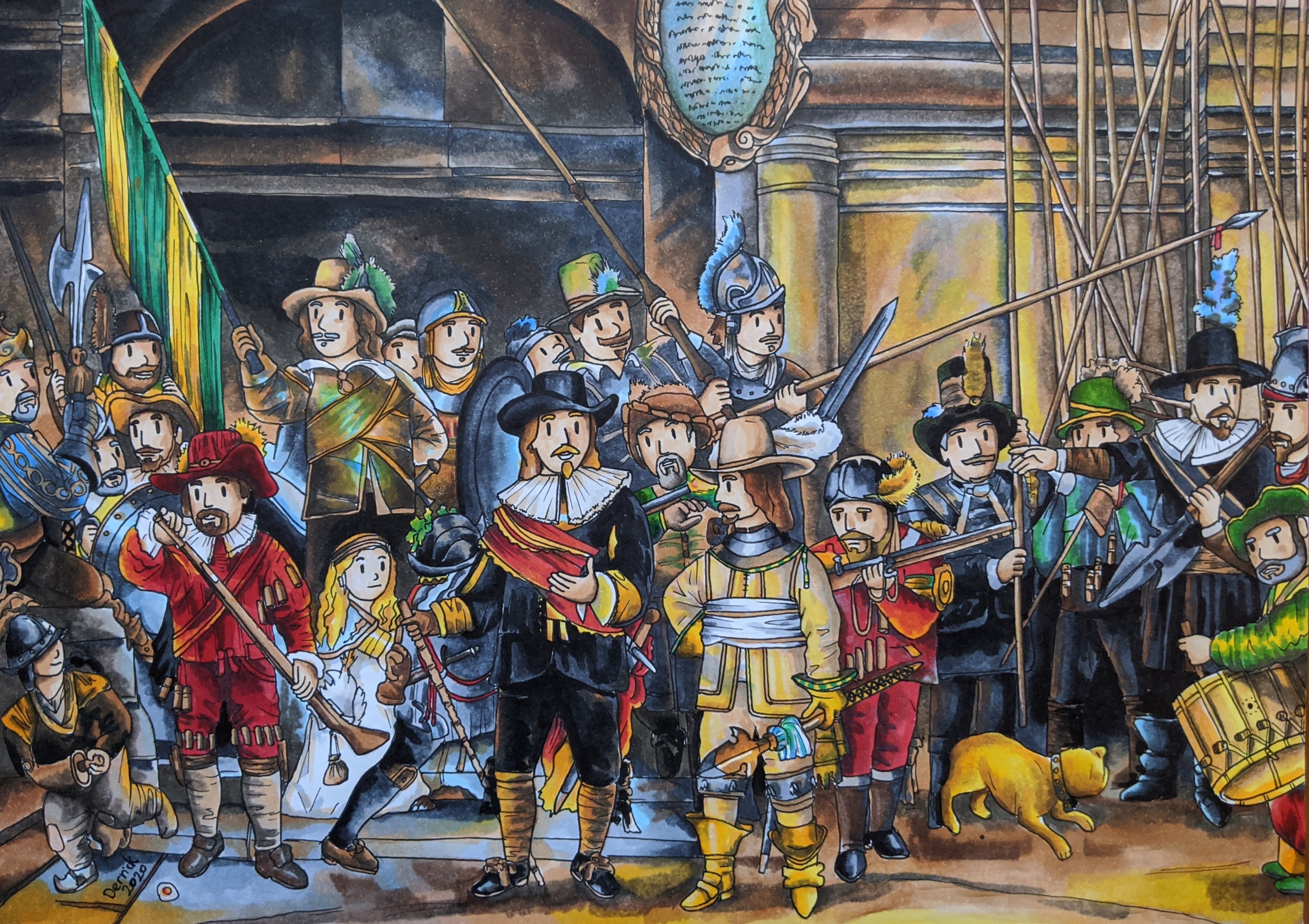 Cute cartoon version of Rembrandt's The Night Watch