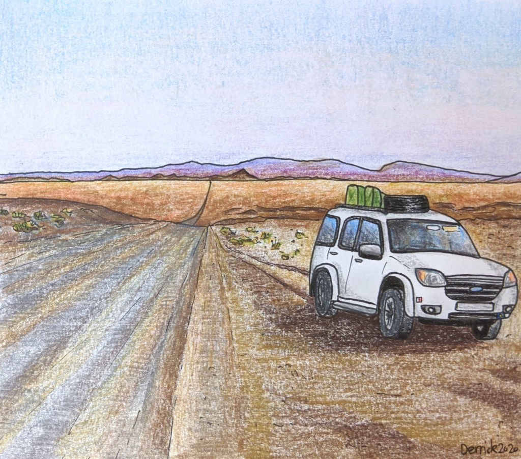 Sketch landscape of an offroad vehicle in the Namibia desert highway