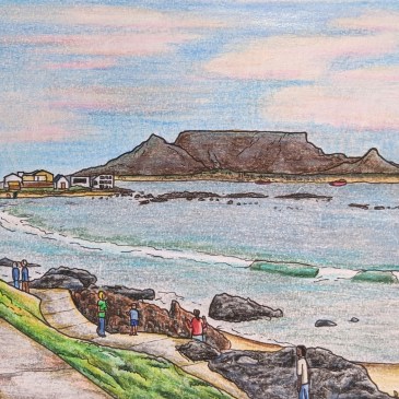 Drawing of Cape Town at sunset from Blue Peter bar