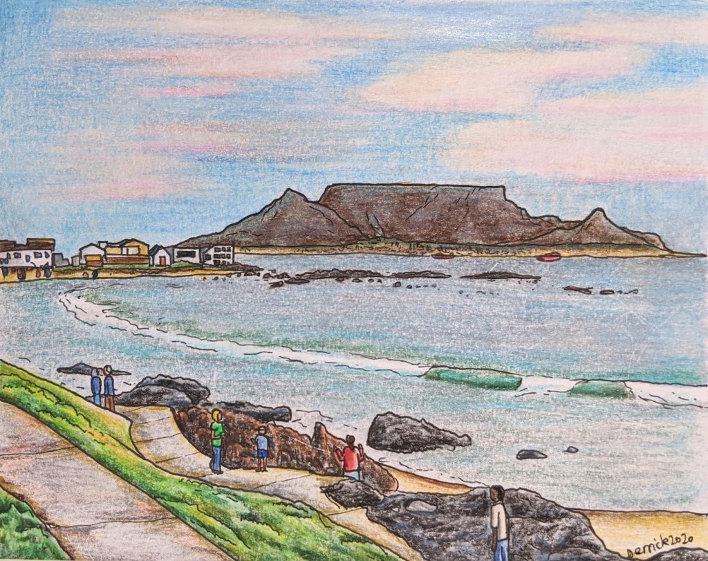 Drawing of Cape Town at sunset from Blue Peter bar