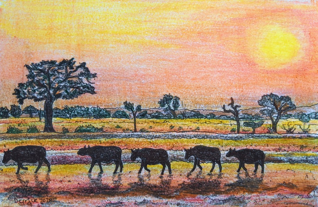 Pencil drawing of African national park with wildebeest silhouettes red sunset