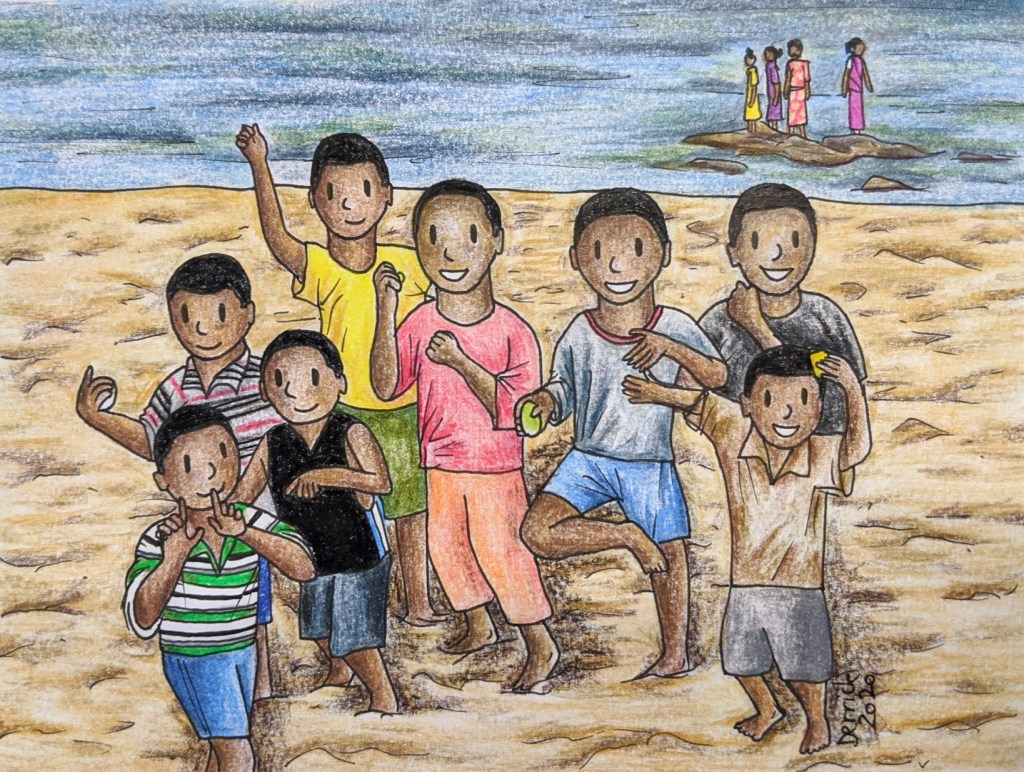 Cartoon sketch of African kids dancing on Lake Malawi Africa