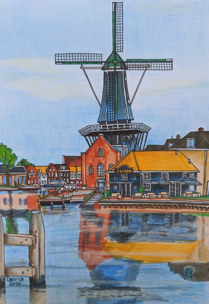 Landscape illustration haarlem windmill reflection on the water spaarne river